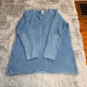 Margaret O'Leary Handknit V-Neck Sweater Womens 2 Blue Good Cable Knit Pullover